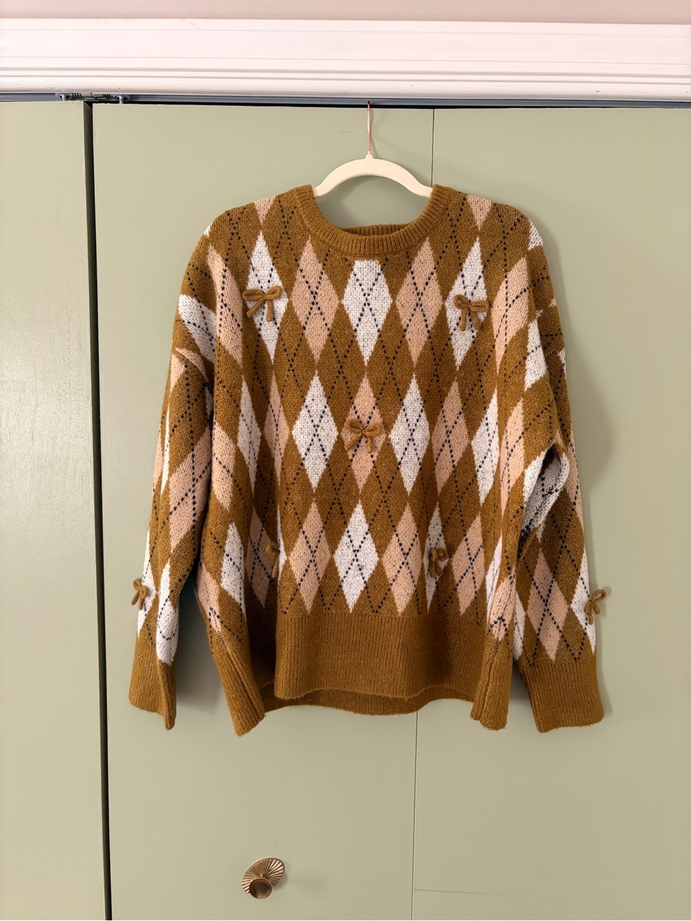 Anthropologie Women's Mustard Argyle Bow Sweater - Cozy Knit Pullover